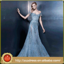 ZNK05 Neuestes Design Luxus Kurzarm Dubai Partykleider Blau Sheer Crystal Perlen Durchsichtig Elegante Lange Abendkleider